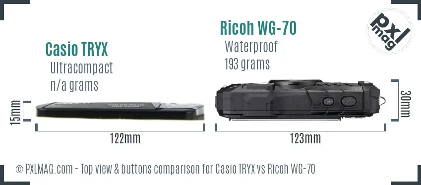 Casio TRYX vs Ricoh WG-70 top view buttons comparison Casio TRYX vs Ricoh WG-70 top view buttons comparison