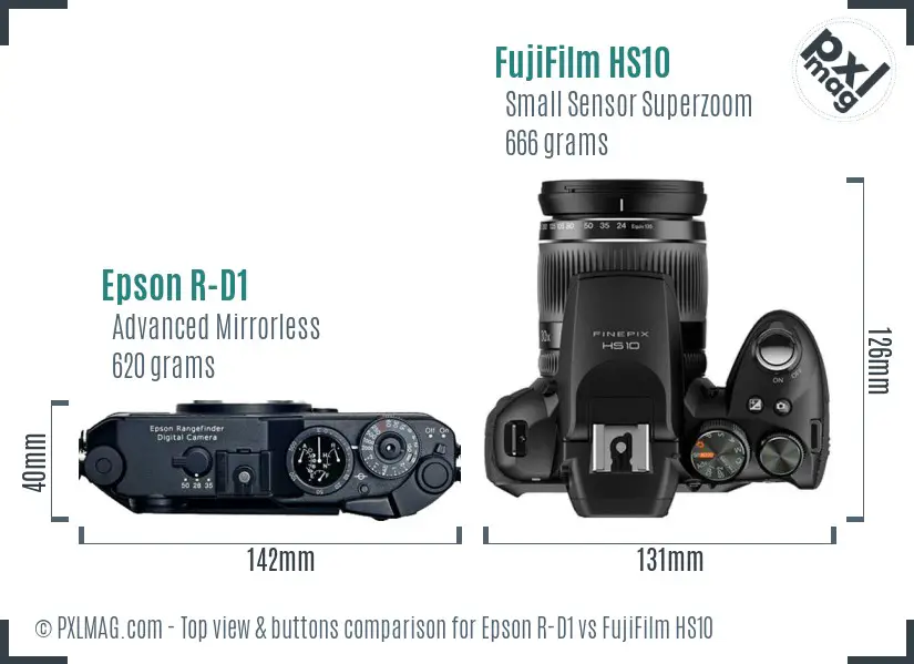 Epson R-D1 vs FujiFilm HS10 top view buttons comparison