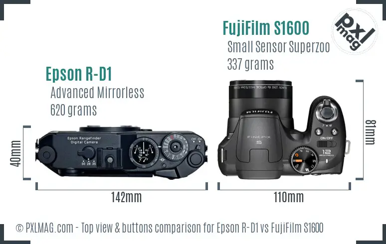 Epson R-D1 vs FujiFilm S1600 top view buttons comparison