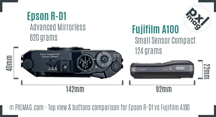 Epson R-D1 vs Fujifilm A100 top view buttons comparison Epson R-D1 vs Fujifilm A100 top view buttons comparison