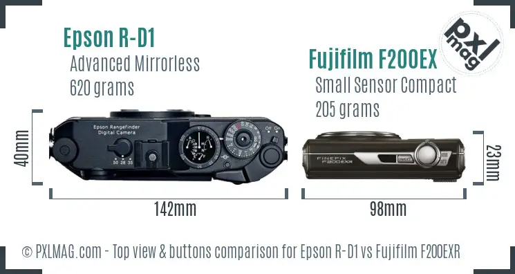 Epson R-D1 vs Fujifilm F200EXR top view buttons comparison