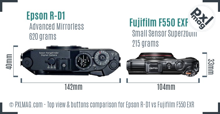 Epson R-D1 vs Fujifilm F550 EXR top view buttons comparison