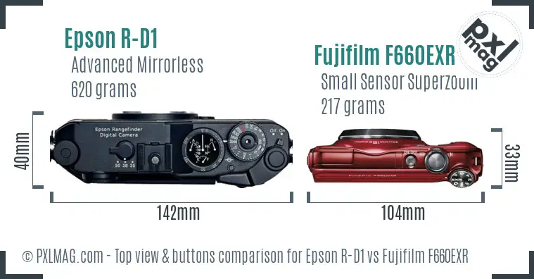 Epson R-D1 vs Fujifilm F660EXR top view buttons comparison