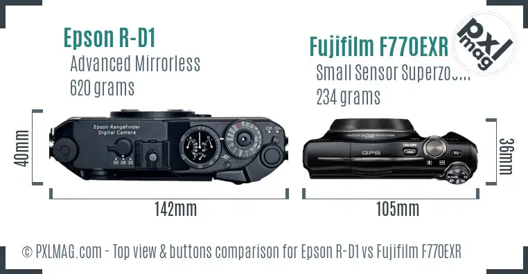Epson R-D1 vs Fujifilm F770EXR top view buttons comparison