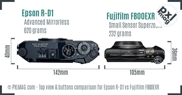 Epson R-D1 vs Fujifilm F800EXR top view buttons comparison Epson R-D1 vs Fujifilm F800EXR top view buttons comparison