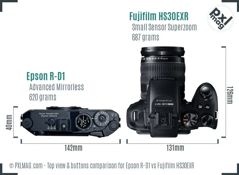 Epson R-D1 vs Fujifilm HS30EXR top view buttons comparison Epson R-D1 vs Fujifilm HS30EXR top view buttons comparison