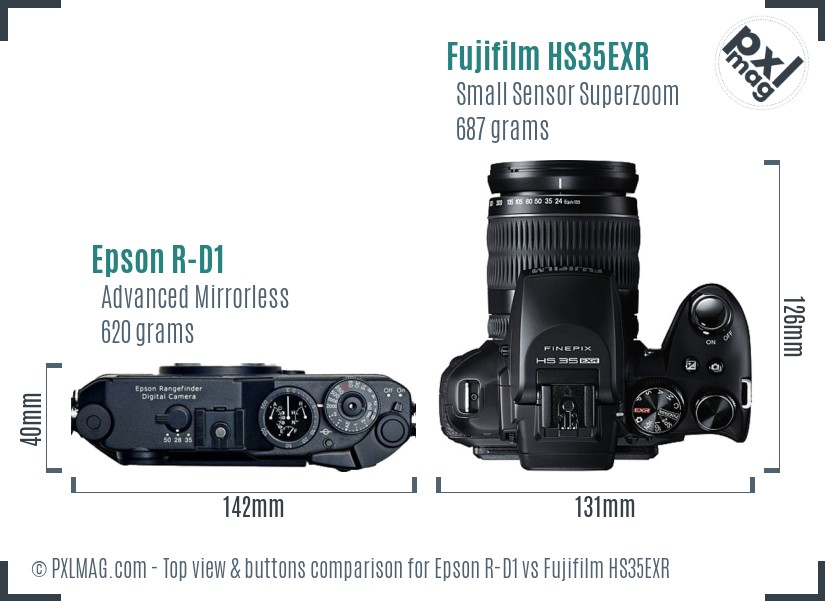Epson R-D1 vs Fujifilm HS35EXR top view buttons comparison