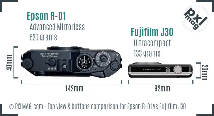 Epson R-D1 vs Fujifilm J30 top view buttons comparison