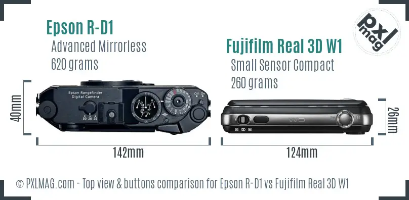 Epson R-D1 vs Fujifilm Real 3D W1 top view buttons comparison Epson R-D1 vs Fujifilm Real 3D W1 top view buttons comparison