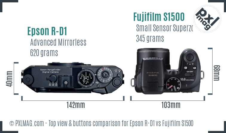 Epson R-D1 vs Fujifilm S1500 top view buttons comparison