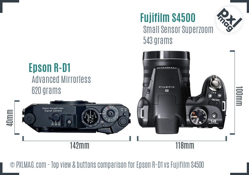 Epson R-D1 vs Fujifilm S4500 top view buttons comparison