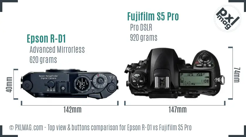 Epson R-D1 vs Fujifilm S5 Pro top view buttons comparison Epson R-D1 vs Fujifilm S5 Pro top view buttons comparison