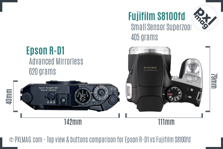 Epson R-D1 vs Fujifilm S8100fd top view buttons comparison