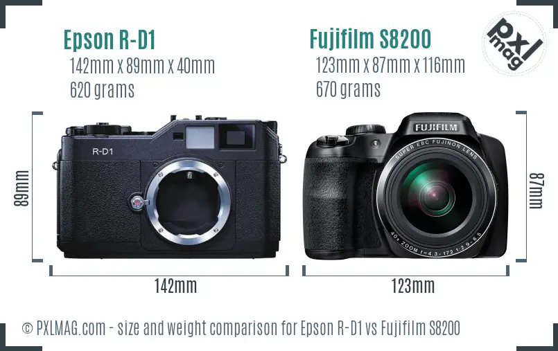 Epson R-D1 vs Fujifilm S8200 size comparison Epson R-D1 vs Fujifilm S8200 size comparison