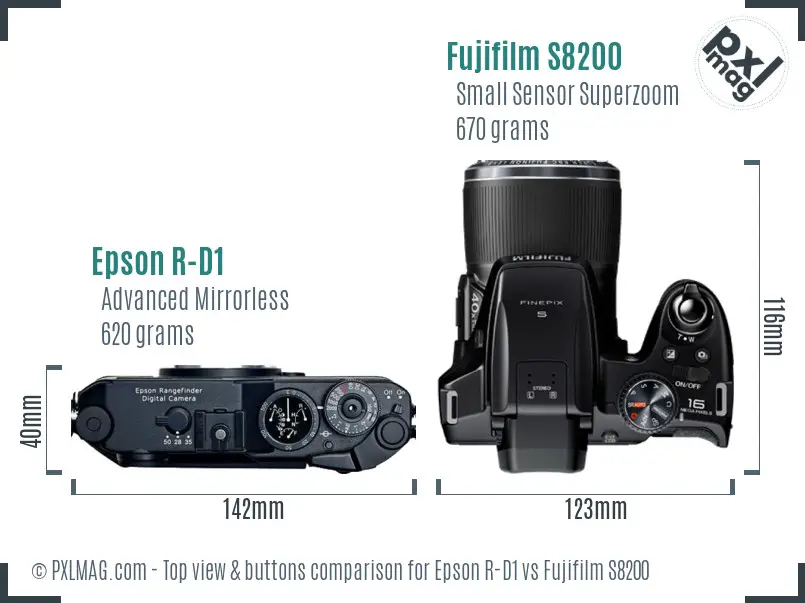 Epson R-D1 vs Fujifilm S8200 top view buttons comparison Epson R-D1 vs Fujifilm S8200 top view buttons comparison