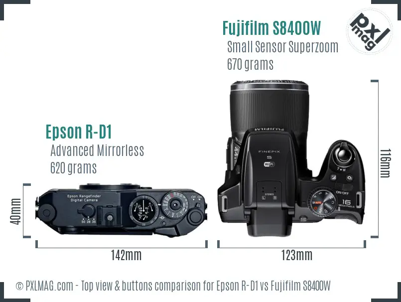Epson R-D1 vs Fujifilm S8400W top view buttons comparison Epson R-D1 vs Fujifilm S8400W top view buttons comparison