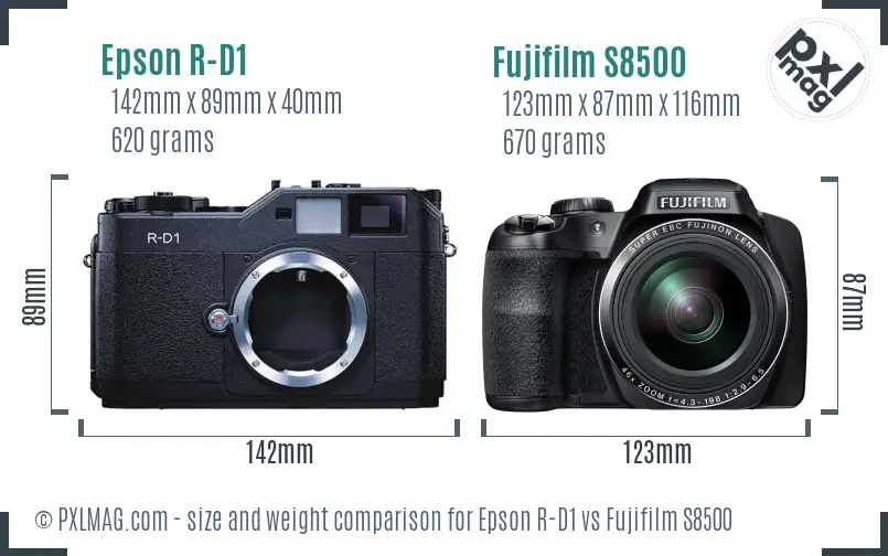 Epson R-D1 vs Fujifilm S8500 size comparison
