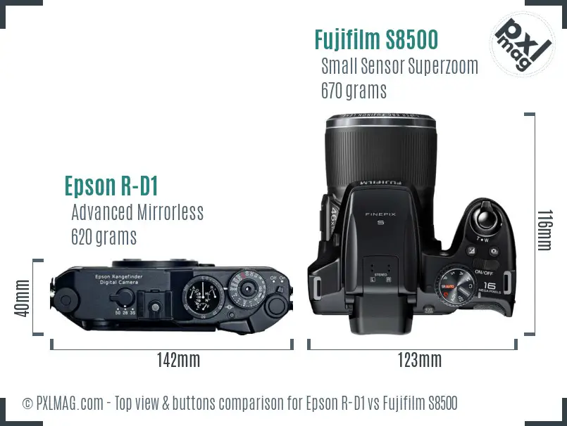 Epson R-D1 vs Fujifilm S8500 top view buttons comparison