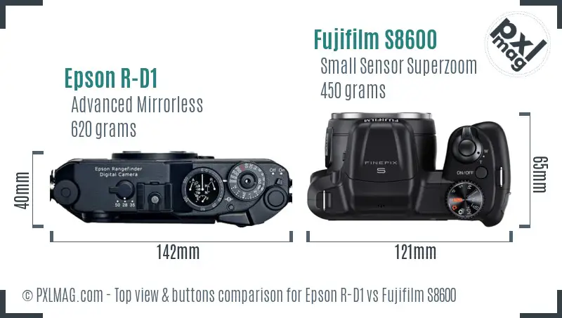 Epson R-D1 vs Fujifilm S8600 top view buttons comparison