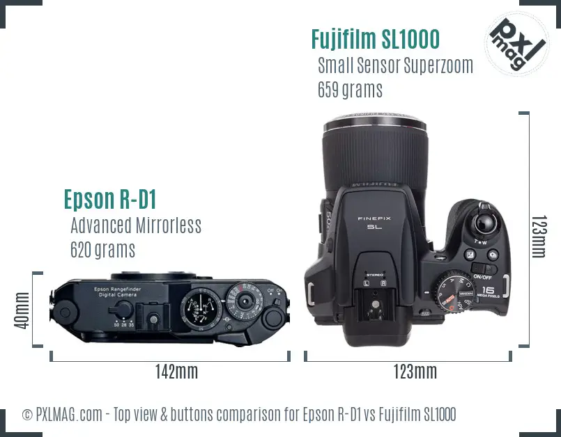 Epson R-D1 vs Fujifilm SL1000 top view buttons comparison