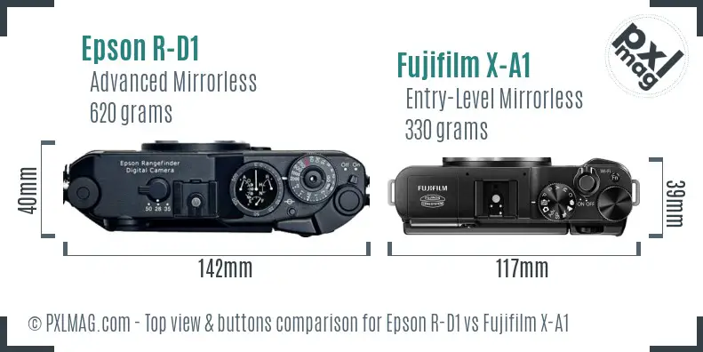 Epson R-D1 vs Fujifilm X-A1 top view buttons comparison