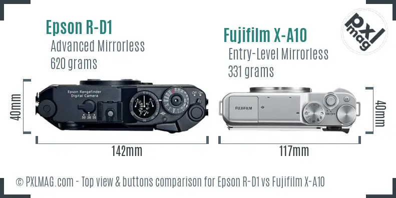 Epson R-D1 vs Fujifilm X-A10 top view buttons comparison Epson R-D1 vs Fujifilm X-A10 top view buttons comparison