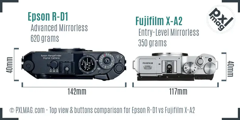 Epson R-D1 vs Fujifilm X-A2 top view buttons comparison