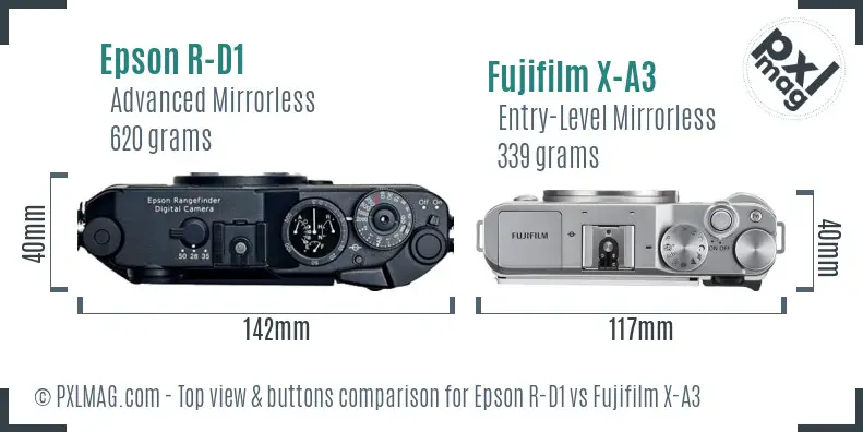 Epson R-D1 vs Fujifilm X-A3 top view buttons comparison