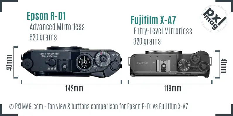 Epson R-D1 vs Fujifilm X-A7 top view buttons comparison
