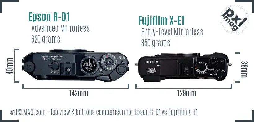 Epson R-D1 vs Fujifilm X-E1 top view buttons comparison