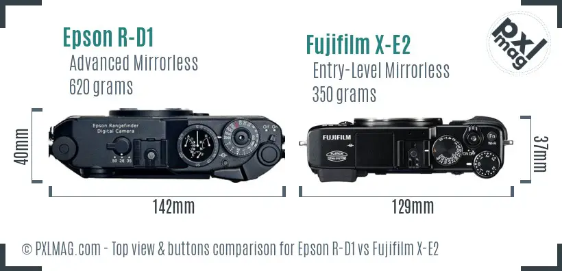 Epson R-D1 vs Fujifilm X-E2 top view buttons comparison