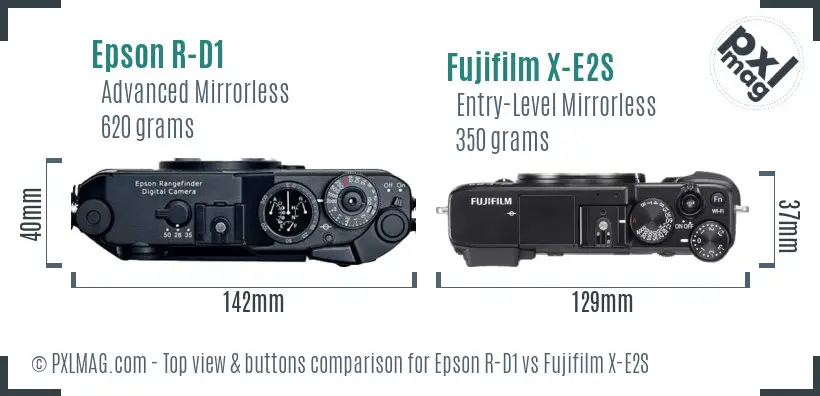 Epson R-D1 vs Fujifilm X-E2S top view buttons comparison