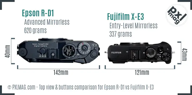 Epson R-D1 vs Fujifilm X-E3 top view buttons comparison
