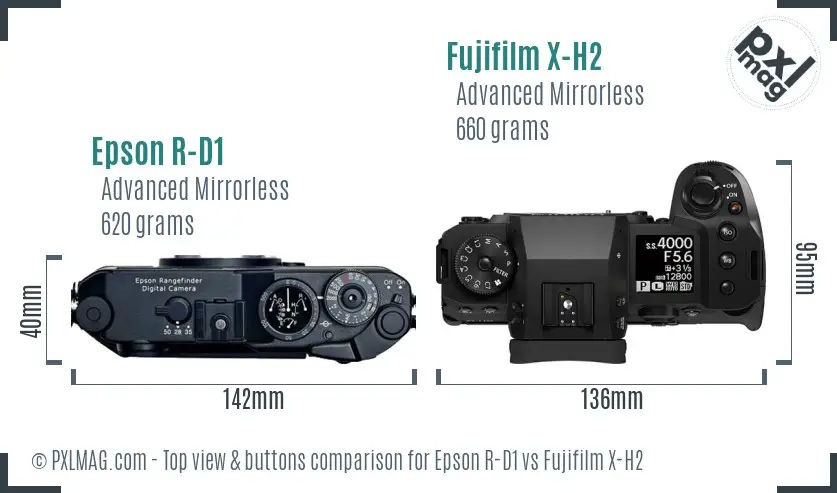 Epson R-D1 vs Fujifilm X-H2 top view buttons comparison