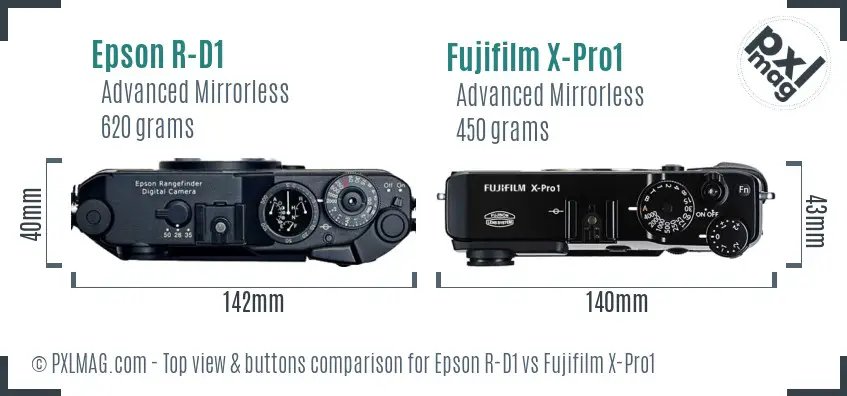 Epson R-D1 vs Fujifilm X-Pro1 top view buttons comparison