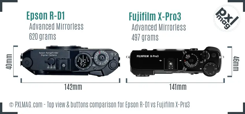 Epson R-D1 vs Fujifilm X-Pro3 top view buttons comparison