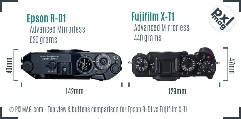 Epson R-D1 vs Fujifilm X-T1 top view buttons comparison