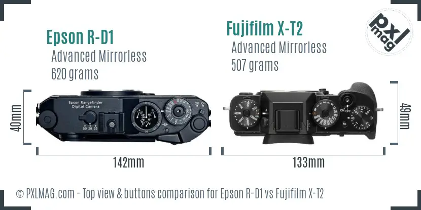 Epson R-D1 vs Fujifilm X-T2 top view buttons comparison