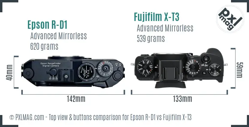 Epson R-D1 vs Fujifilm X-T3 top view buttons comparison