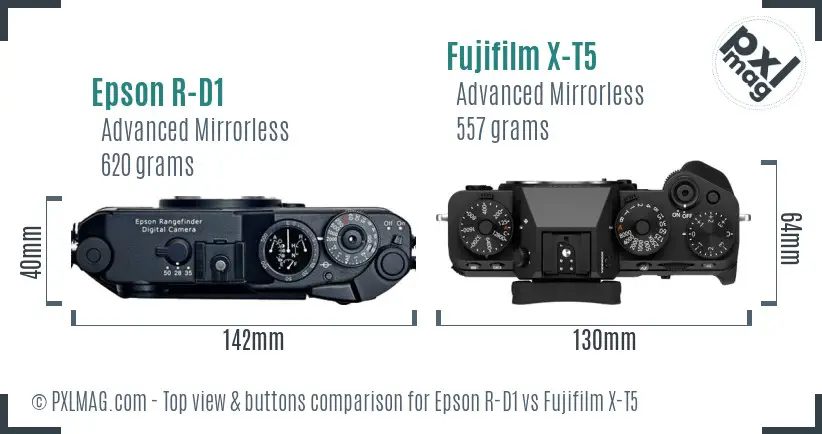 Epson R-D1 vs Fujifilm X-T5 top view buttons comparison
