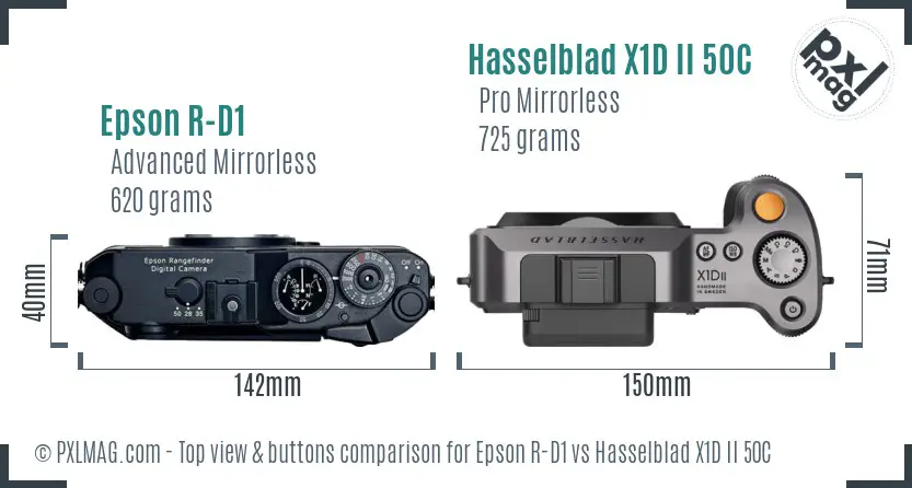 Epson R-D1 vs Hasselblad X1D II 50C top view buttons comparison