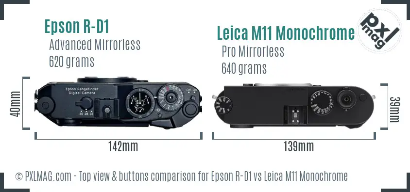 Epson R-D1 vs Leica M11 Monochrome top view buttons comparison Epson R-D1 vs Leica M11 Monochrome top view buttons comparison