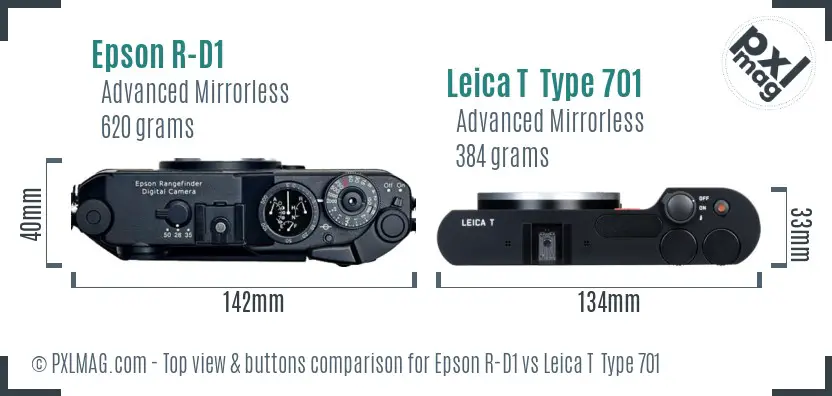 Epson R-D1 vs Leica T  Type 701 top view buttons comparison