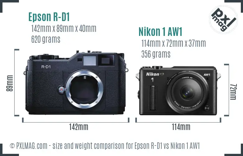 Epson R-D1 vs Nikon 1 AW1 size comparison