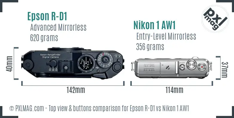 Epson R-D1 vs Nikon 1 AW1 top view buttons comparison