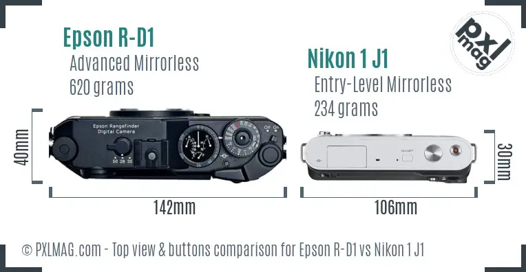 Epson R-D1 vs Nikon 1 J1 top view buttons comparison