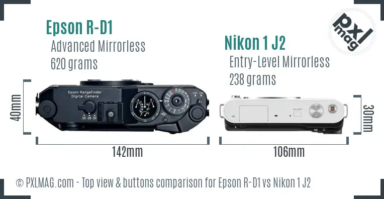 Epson R-D1 vs Nikon 1 J2 top view buttons comparison