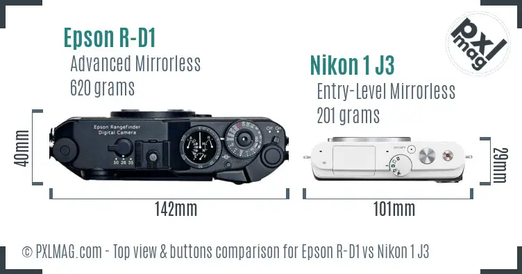 Epson R-D1 vs Nikon 1 J3 top view buttons comparison