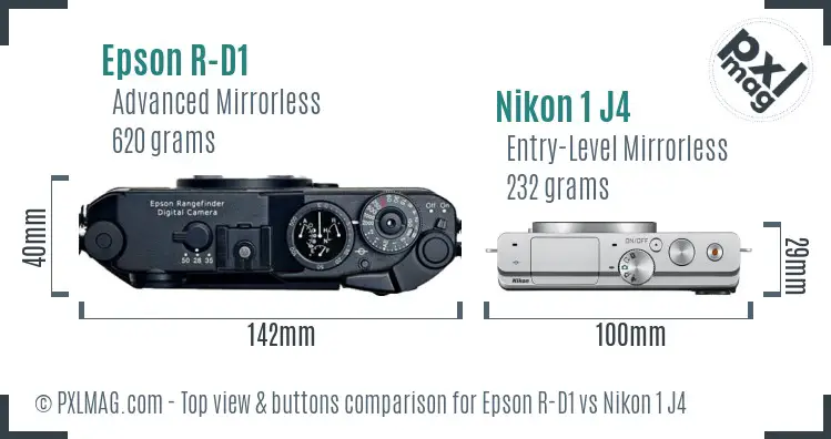 Epson R-D1 vs Nikon 1 J4 top view buttons comparison