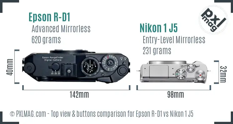 Epson R-D1 vs Nikon 1 J5 top view buttons comparison Epson R-D1 vs Nikon 1 J5 top view buttons comparison